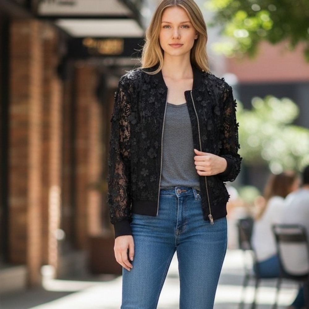Avec Les Filles Black 3D Floral Lace Bomber Jacket Sheer Zip Up Applique